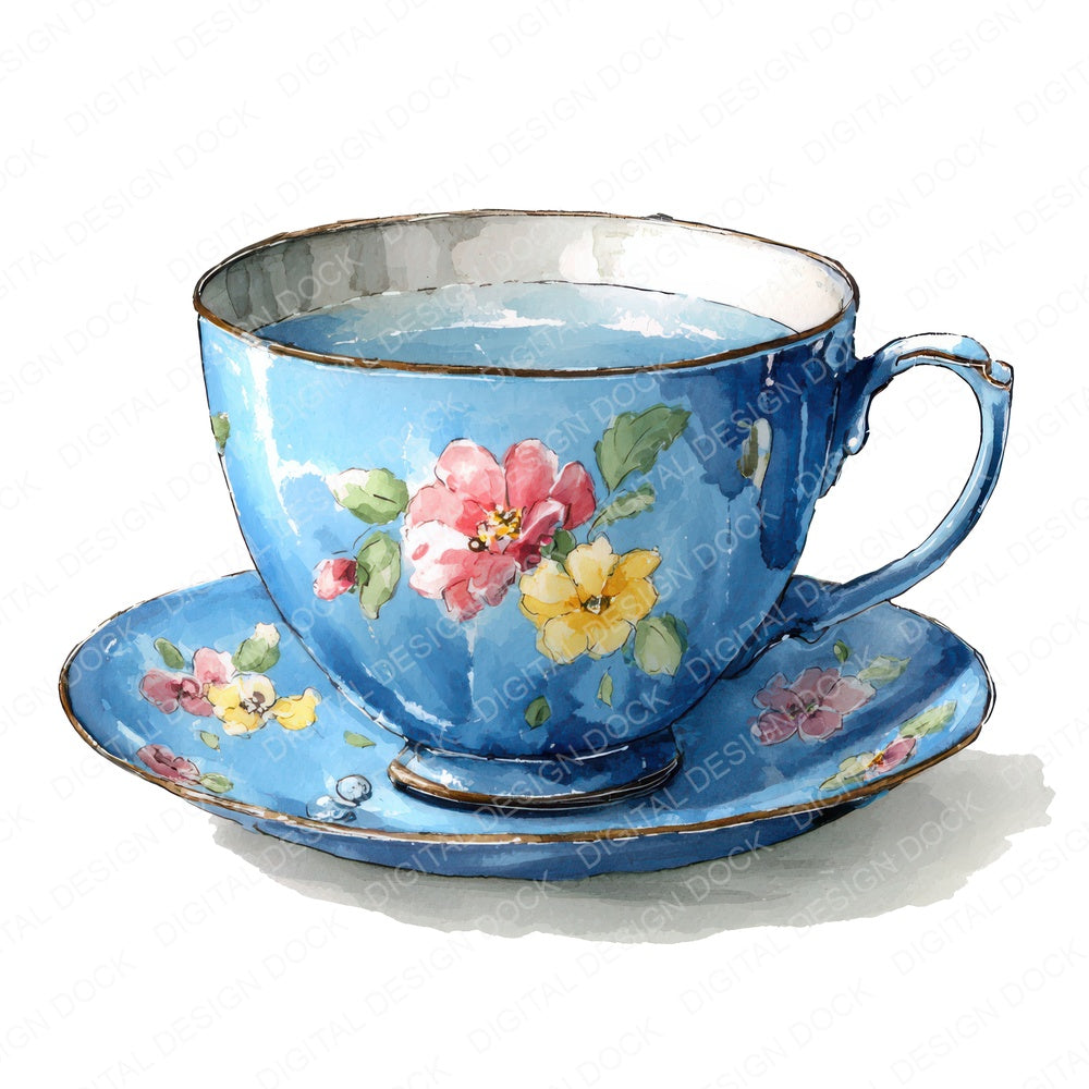Watercolour Blue Floral Teacup fussy cut sheet in US Letter format showing all 12 designs on one printable page