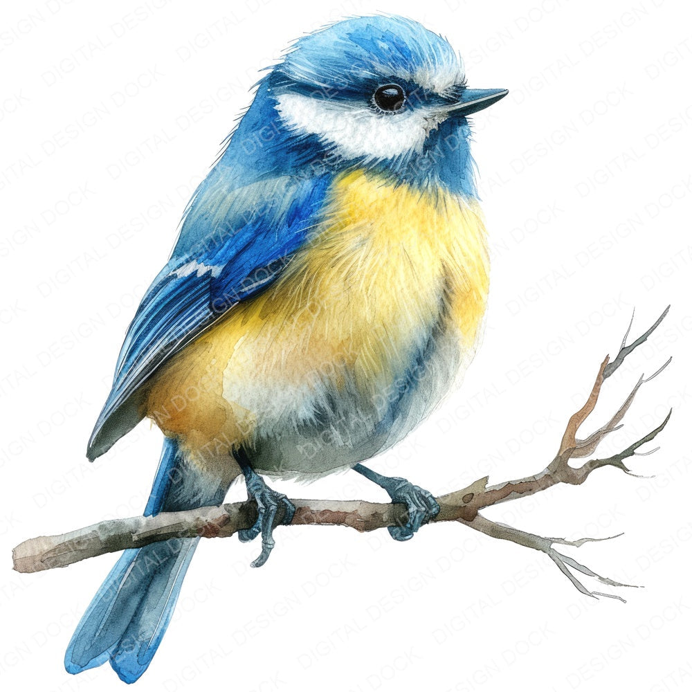 Watercolour Blue Tit fussy cut sheet in A4 format showing all 12 designs on one printable page