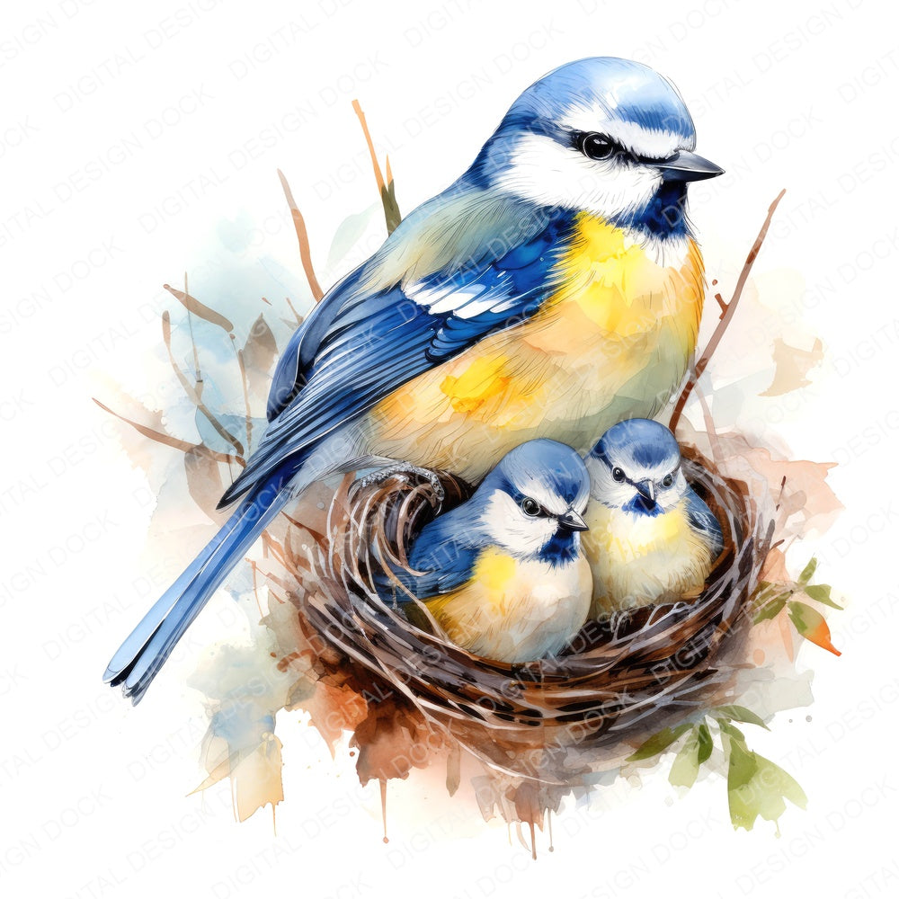 Watercolour Blue Tit fussy cut sheet in US Letter format showing all 12 designs on one printable page
