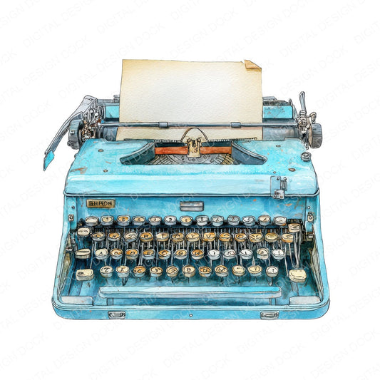 Watercolour Blue Typewriter fussy cut sheet in A4 format showing all 12 designs on one printable page