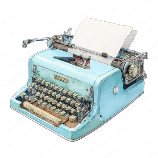 Watercolour Blue Typewriter fussy cut sheet in US Letter format showing all 12 designs on one printable page