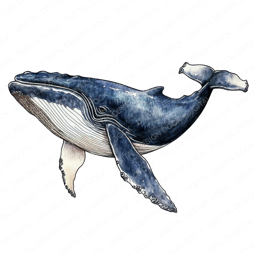 Watercolour Blue Whale fussy cut sheet in US Letter format showing all 12 designs on one printable page