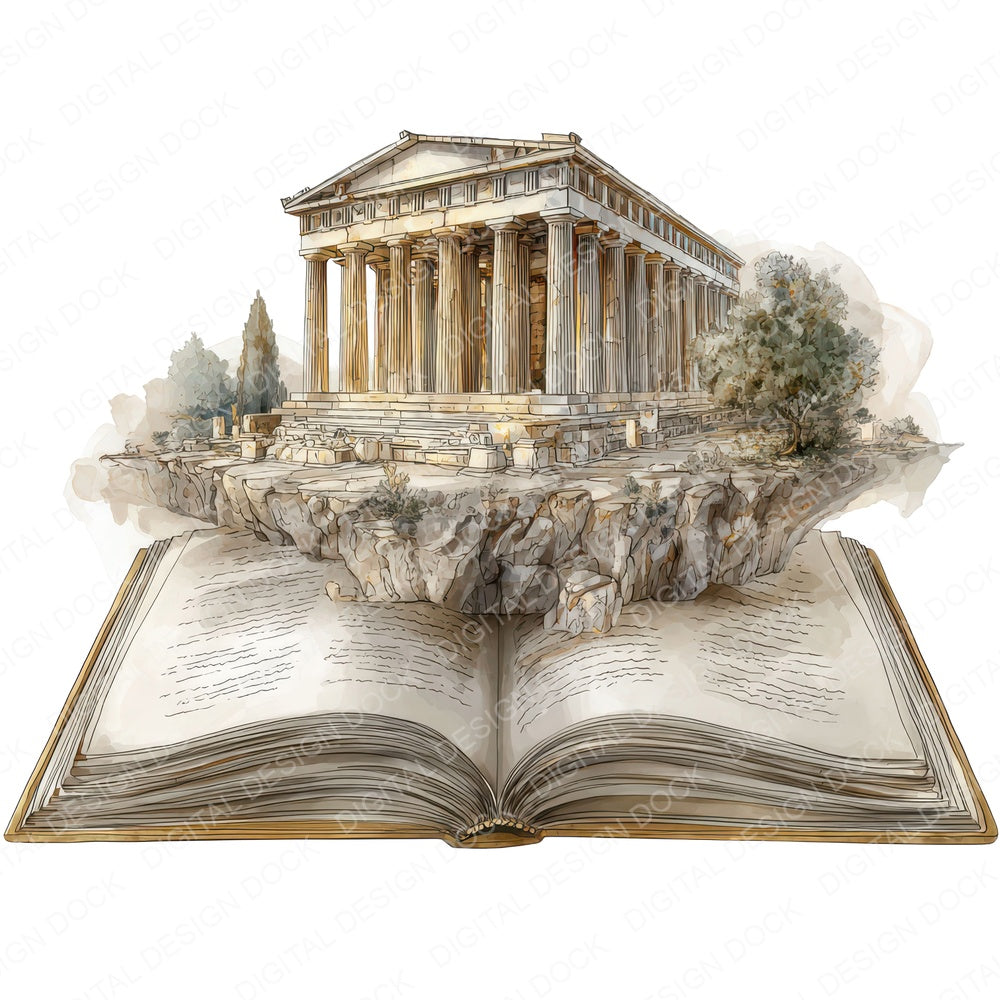 Watercolour Book Greek Temple fussy cut sheet in A4 format showing all 12 designs on one printable page