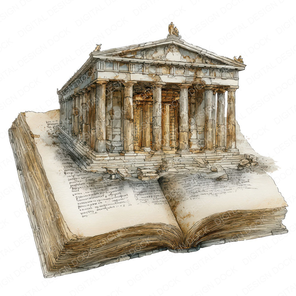 Watercolour Book Greek Temple fussy cut sheet in US Letter format showing all 12 designs on one printable page