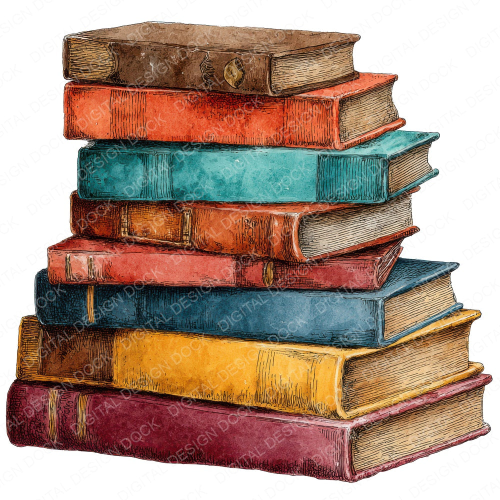 Watercolour Book Stack fussy cut sheet in A4 format showing all 12 designs on one printable page