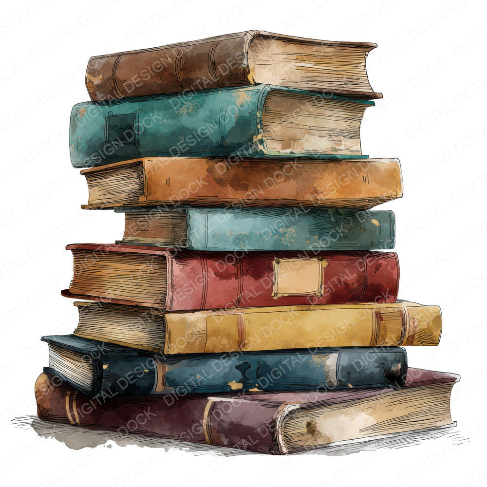 Watercolour Book Stack fussy cut sheet in US Letter format showing all 12 designs on one printable page
