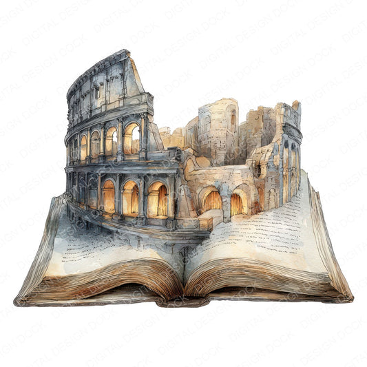 Watercolour Book with Colosseum fussy cut sheet in A4 format showing all 12 designs on one printable page