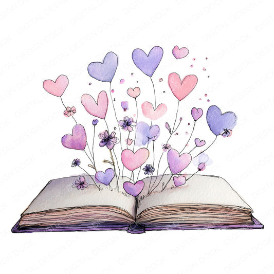Watercolour Book with Hearts fussy cut sheet in US Letter format showing all 12 designs on one printable page