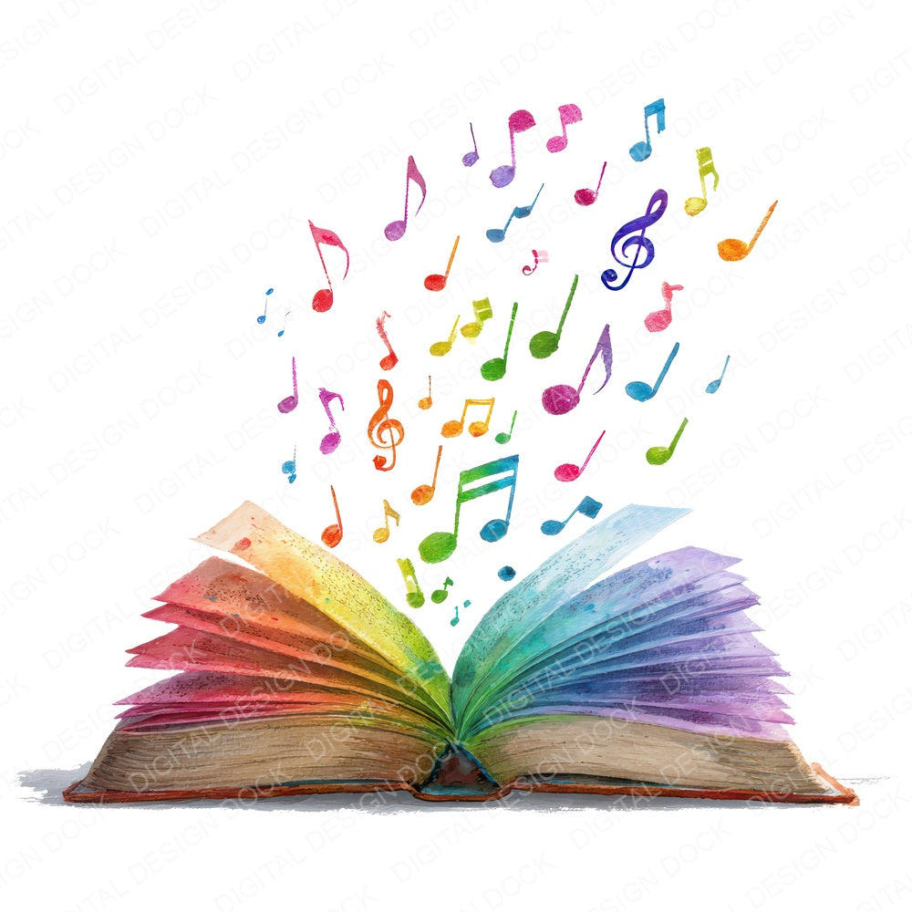 Watercolour Book with Music Notes fussy cut sheet in US Letter format showing all 12 designs on one printable page