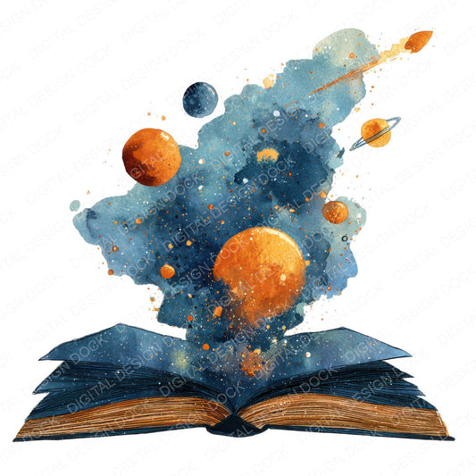 Watercolour Book with Planets fussy cut sheet in US Letter format showing all 12 designs on one printable page