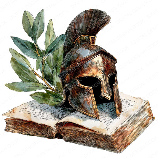 Watercolour Book with Roman Helmet fussy cut sheet in US Letter format showing all 12 designs on one printable page
