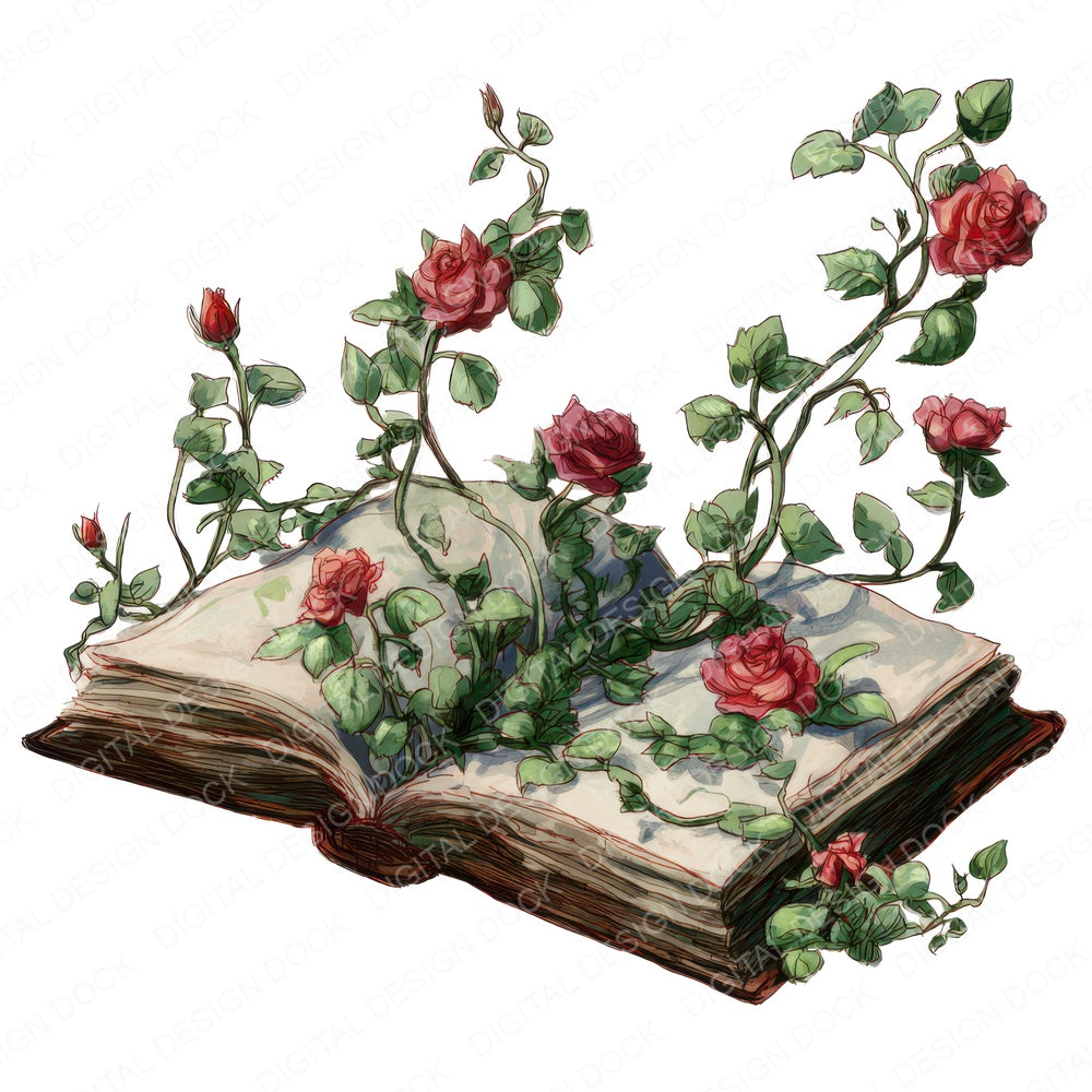 Watercolour Book with Roses fussy cut sheet in US Letter format showing all 12 designs on one printable page
