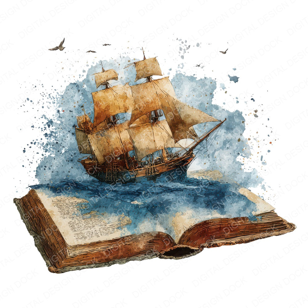 Watercolour Book with Ship fussy cut sheet in A4 format showing all 12 designs on one printable page