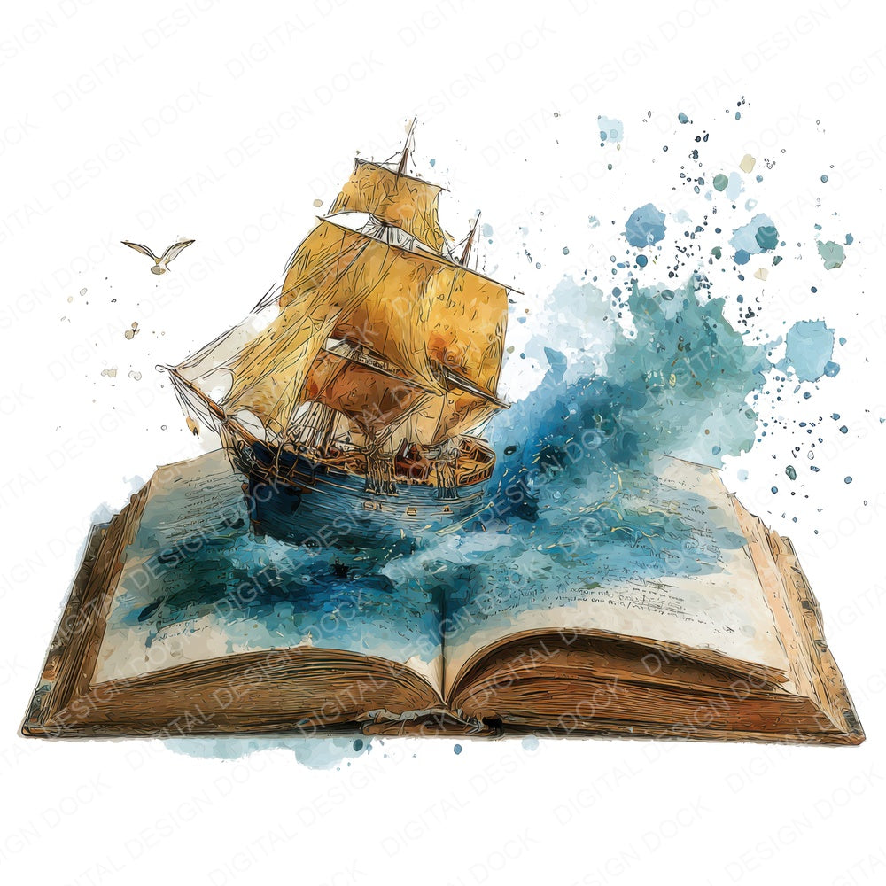 Watercolour Book with Ship fussy cut sheet in US Letter format showing all 12 designs on one printable page