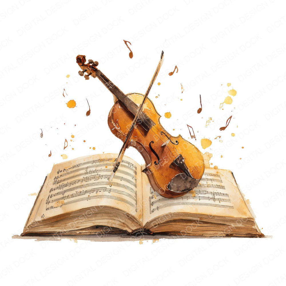 Watercolour Book with Violin fussy cut sheet in A4 format showing all 12 designs on one printable page