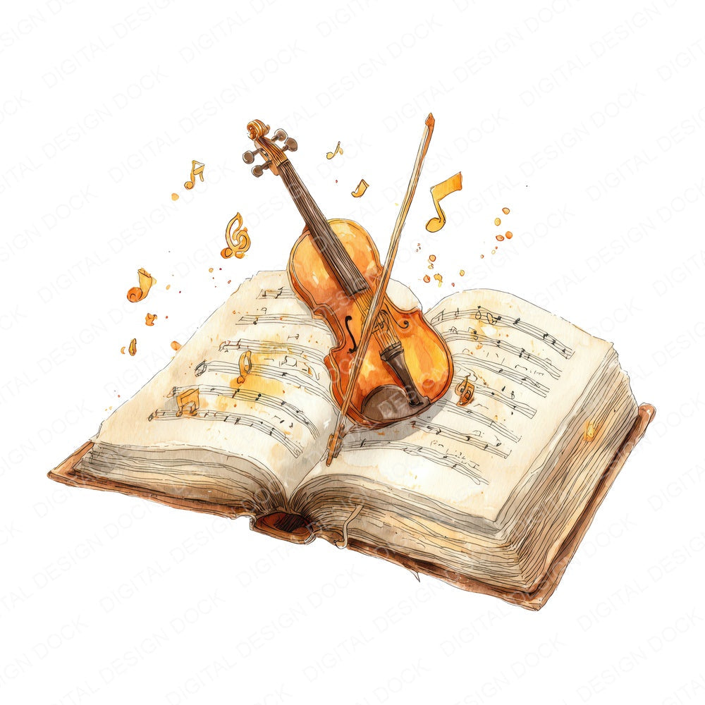 Watercolour Book with Violin fussy cut sheet in US Letter format showing all 12 designs on one printable page