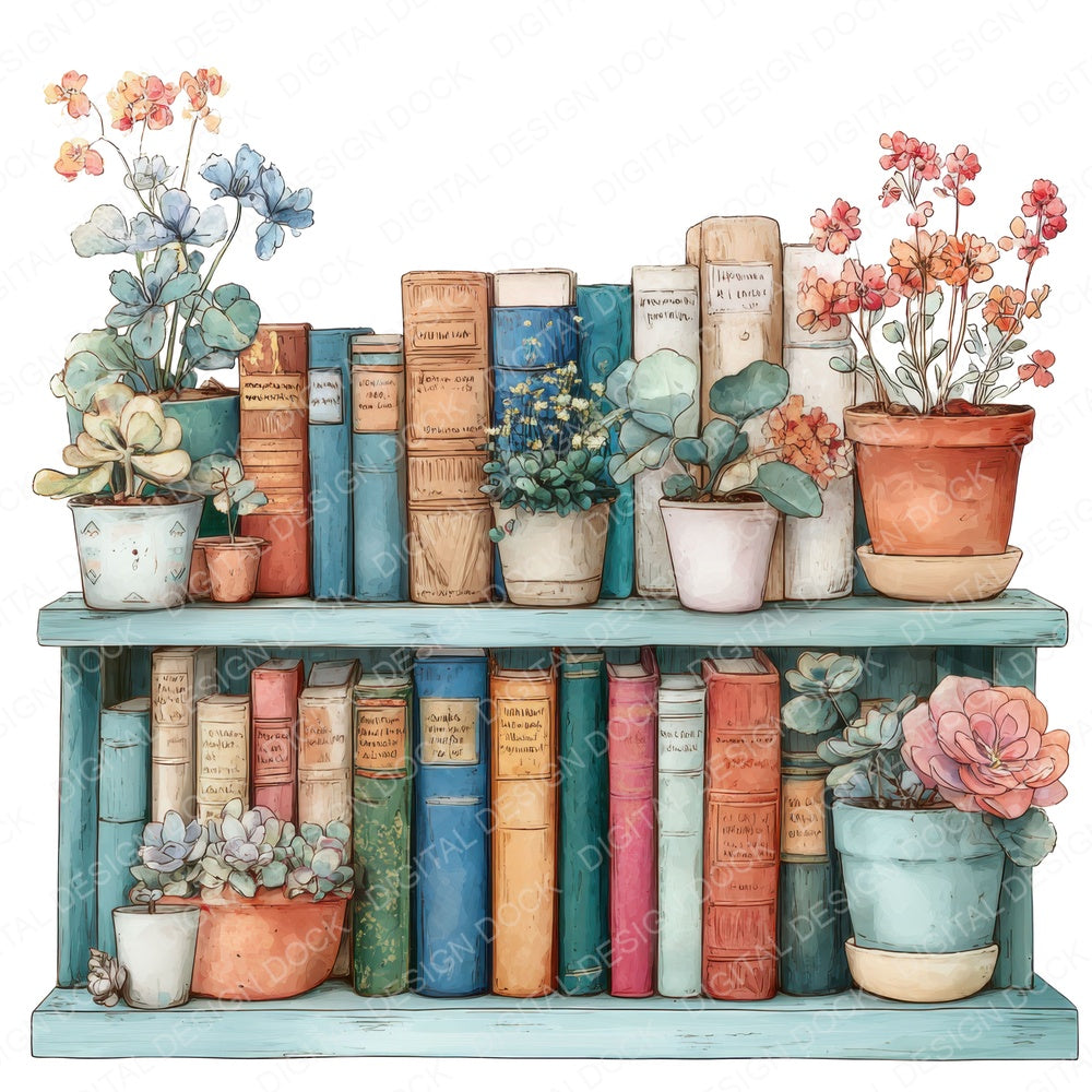 Watercolour Bookshelf with Flowers fussy cut sheet in A4 format showing all 12 designs on one printable page
