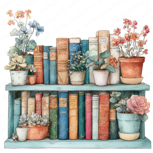 Watercolour Bookshelf with Flowers fussy cut sheet in A4 format showing all 12 designs on one printable page