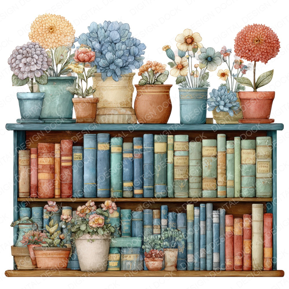 Watercolour Bookshelf with Flowers fussy cut sheet in US Letter format showing all 12 designs on one printable page