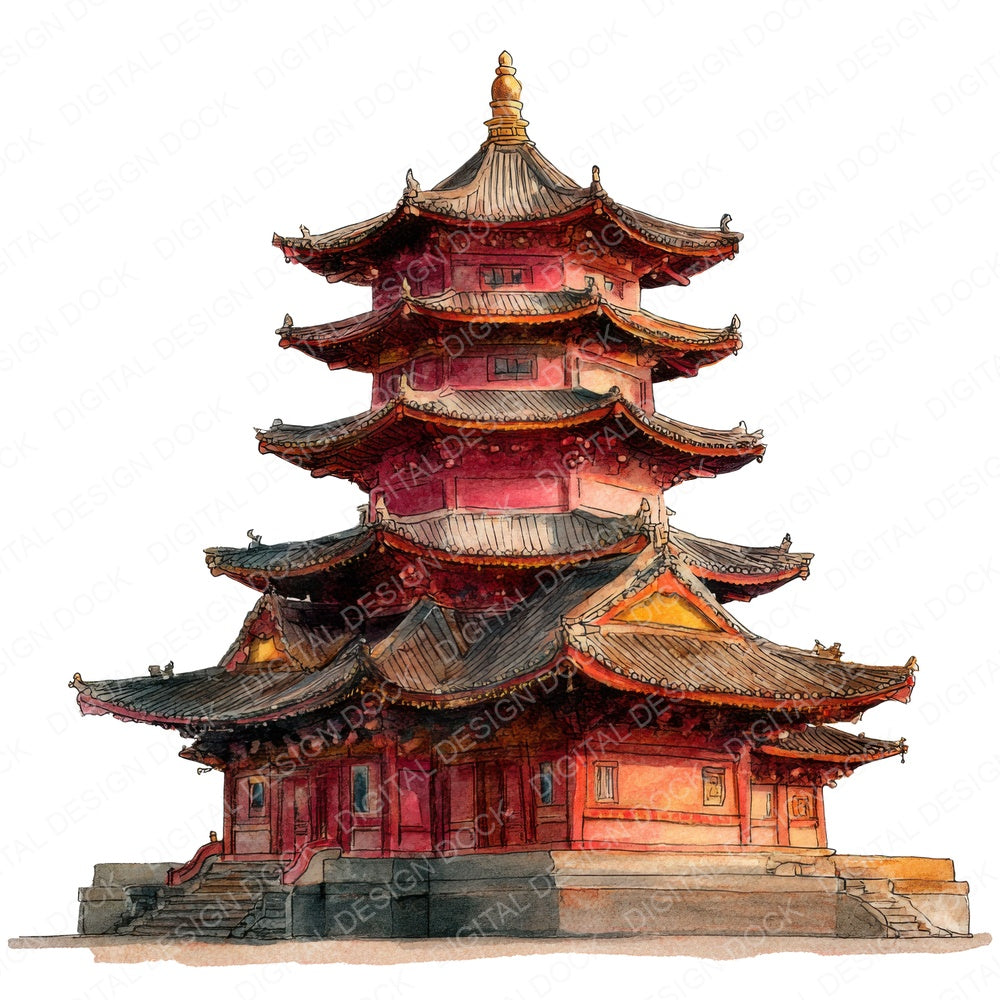 Watercolour Buddhist Pagoda fussy cut sheet in A4 format showing all 12 designs on one printable page