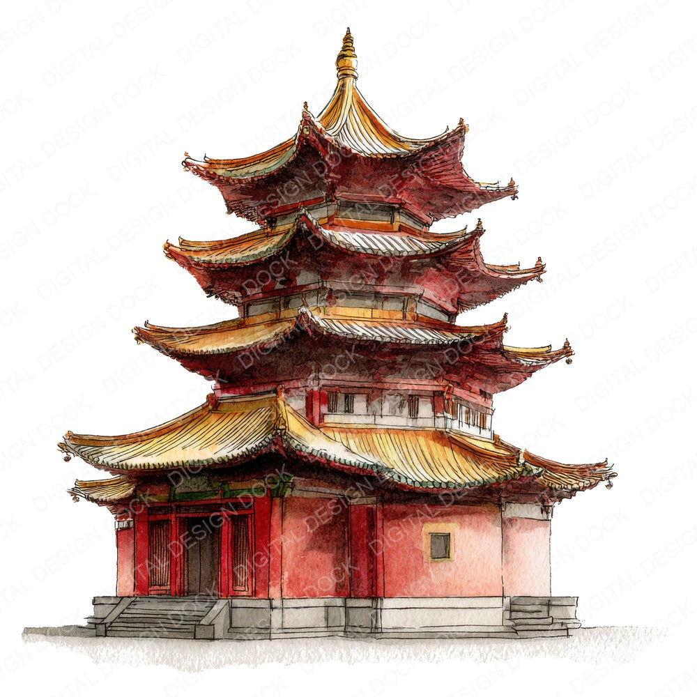 Watercolour Buddhist Pagoda fussy cut sheet in US Letter format showing all 12 designs on one printable page