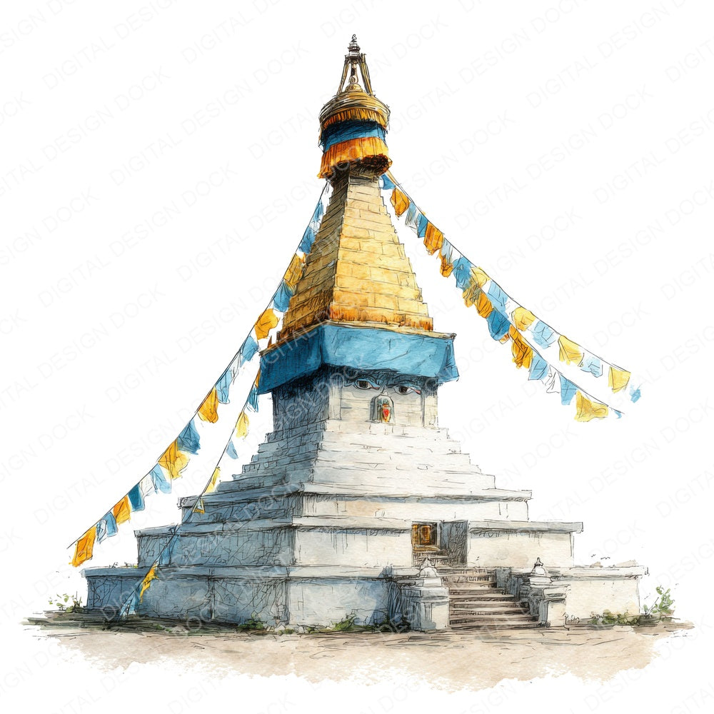 Watercolour Buddhist Stupa fussy cut sheet in A4 format showing all 12 designs on one printable page