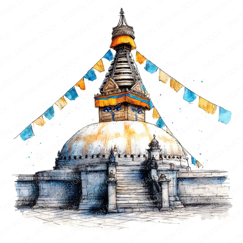 Watercolour Buddhist Stupa fussy cut sheet in US Letter format showing all 12 designs on one printable page