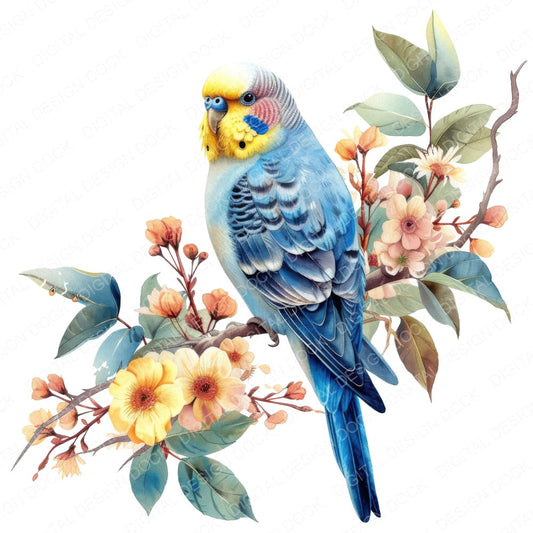 Watercolour Budgerigar fussy cut sheet in A4 format showing all 12 designs on one printable page