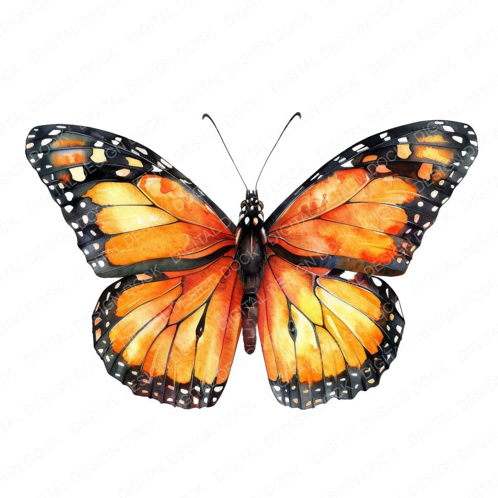 Watercolour Butterfly Monarch fussy cut sheet in US Letter format showing all 12 designs on one printable page