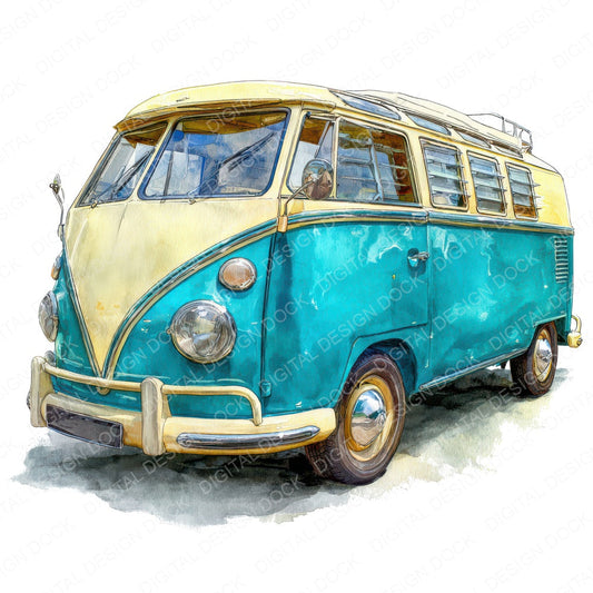 Watercolour Camper Van fussy cut sheet in A4 format showing all 12 designs on one printable page