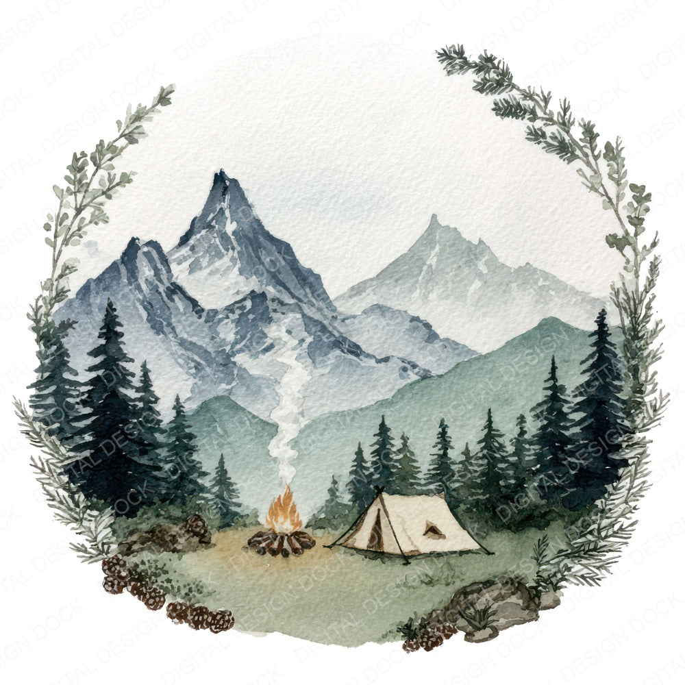 Watercolour Camping Circle Clipart Set (DDD008537)