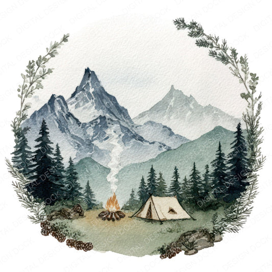 Watercolour Camping Circle Clipart Set (DDD008537)