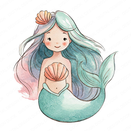 Watercolour Cartoon Mermaid fussy cut sheet in A4 format showing all 12 designs on one printable page