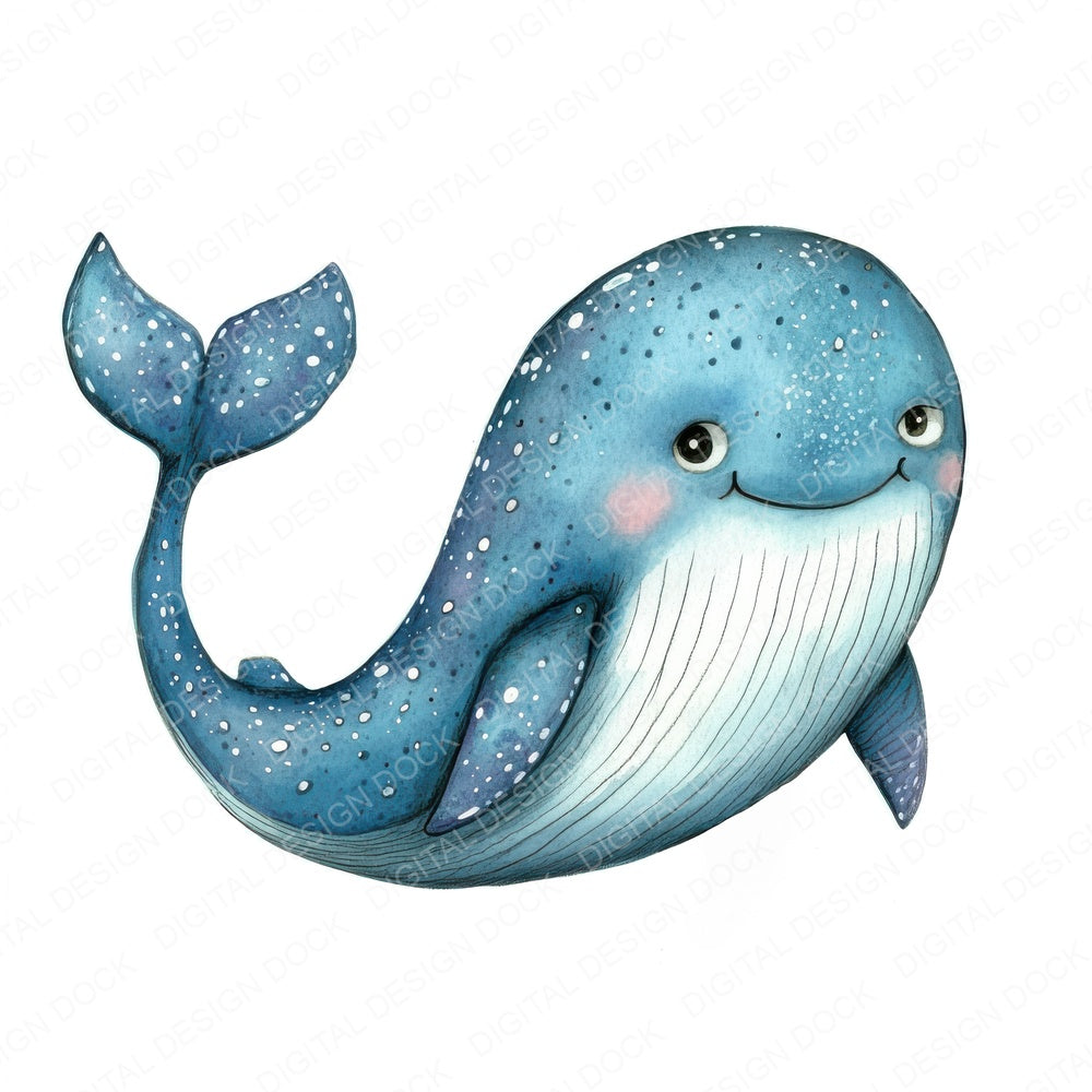 Watercolour Cartoon Whale Spots fussy cut sheet in A4 format showing all 12 designs on one printable page