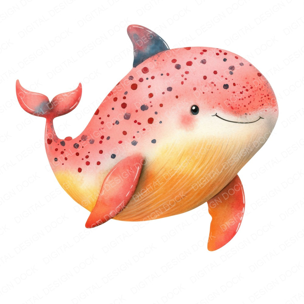 Watercolour Cartoon Whale Spots fussy cut sheet in US Letter format showing all 12 designs on one printable page