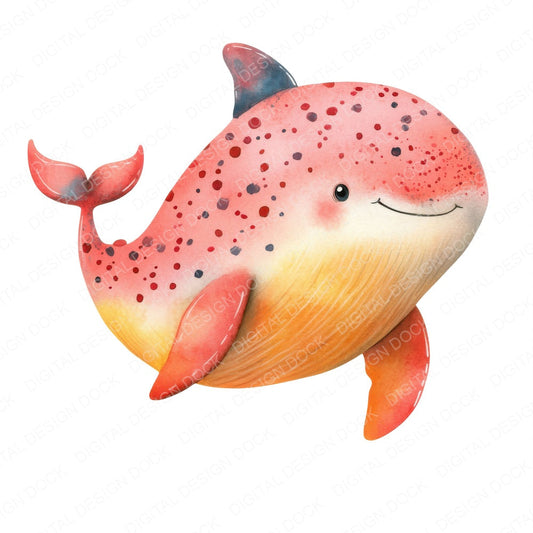 Watercolour Cartoon Whale Spots fussy cut sheet in US Letter format showing all 12 designs on one printable page