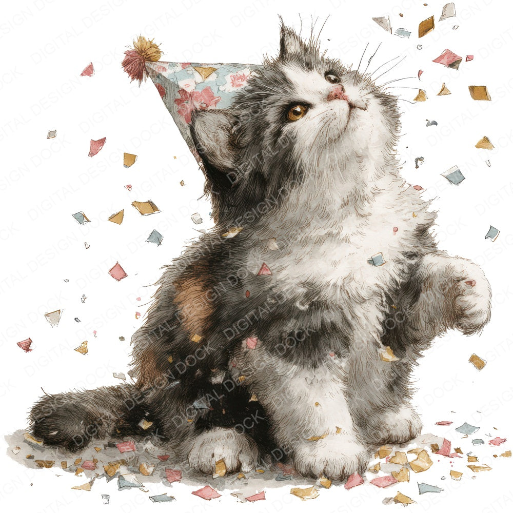 Watercolour Cat Confetti fussy cut sheet in A4 format showing all 12 designs on one printable page