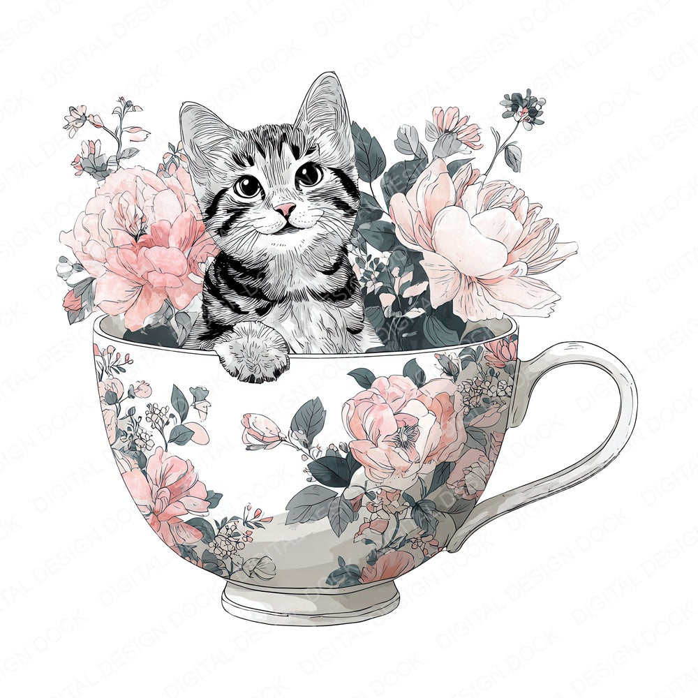 Watercolour Cat Teacup fussy cut sheet in A4 format showing all 12 designs on one printable page