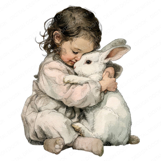 Watercolour Child Hugging Rabbit fussy cut sheet in A4 format showing all 12 designs on one printable page