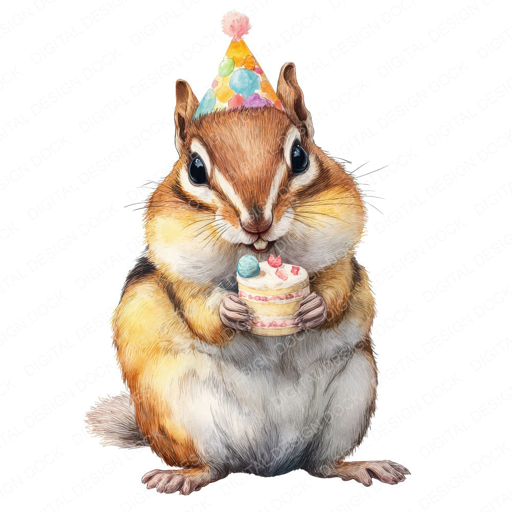 Watercolour Chipmunk Birthday fussy cut sheet in A4 format showing all 12 designs on one printable page
