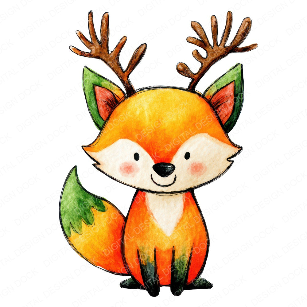 Watercolour Christmas Fox Antlers fussy cut sheet in A4 format showing all 12 designs on one printable page