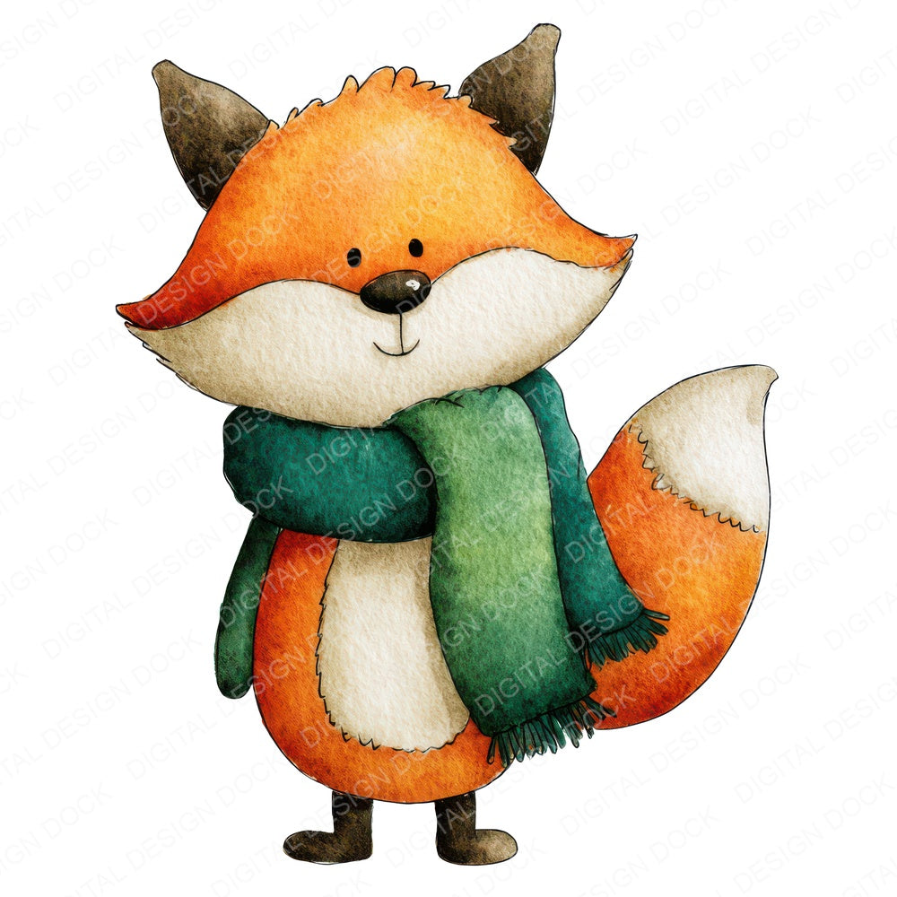 Watercolour Christmas Fox Scarf fussy cut sheet in A4 format showing all 12 designs on one printable page