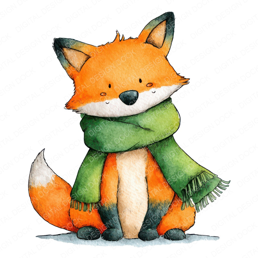 Watercolour Christmas Fox Scarf fussy cut sheet in US Letter format showing all 12 designs on one printable page