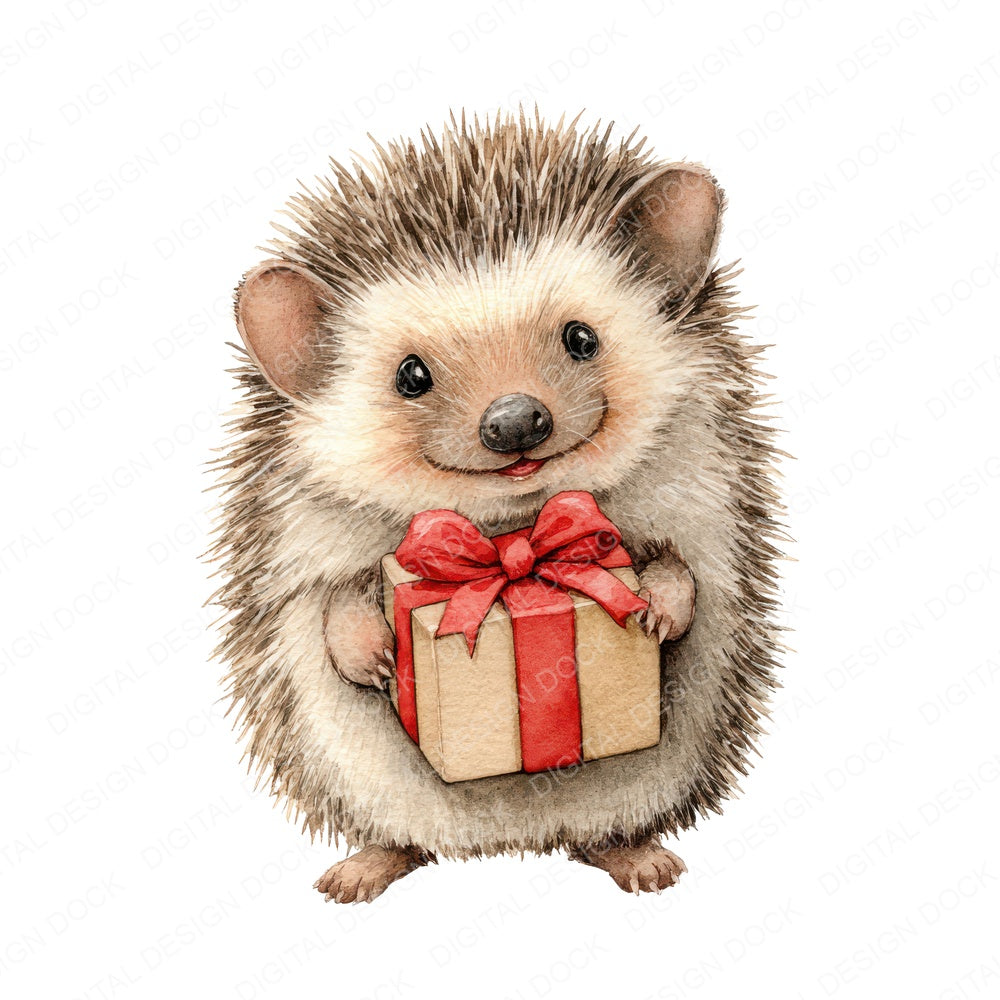 Watercolour Christmas Hedgehog Present fussy cut sheet in A4 format showing all 12 designs on one printable page