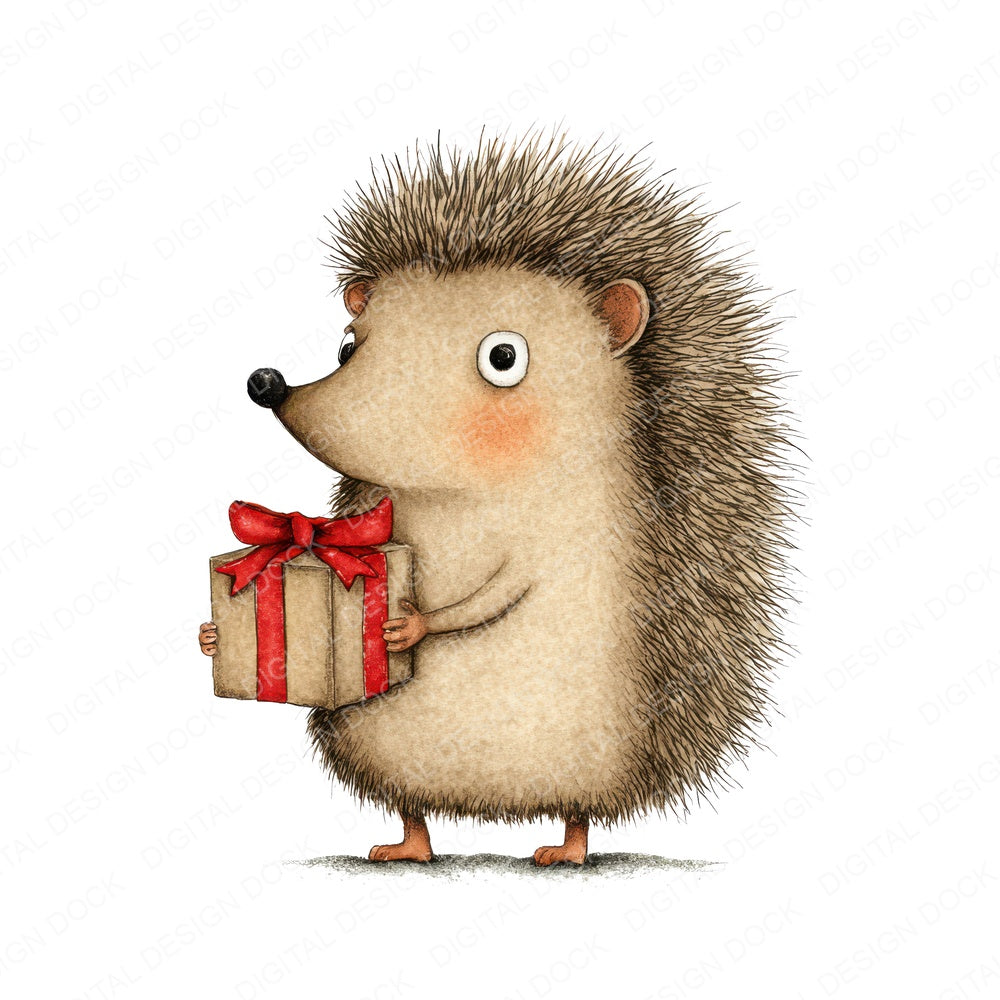Watercolour Christmas Hedgehog Present fussy cut sheet in US Letter format showing all 12 designs on one printable page