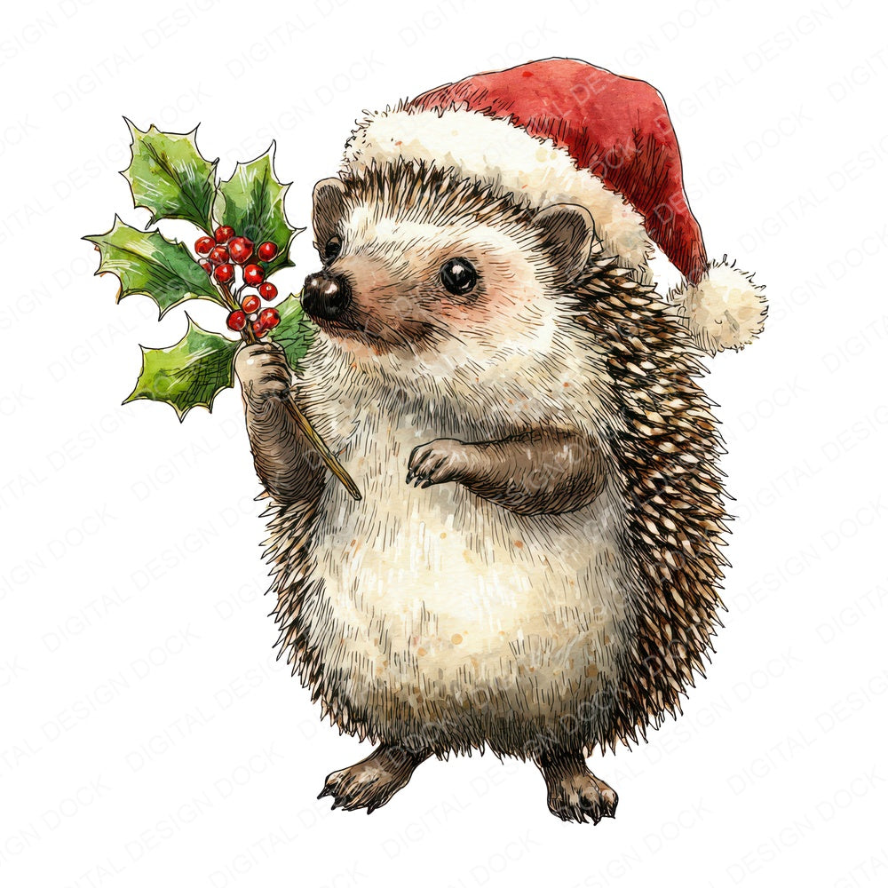Watercolour Christmas Hedgehog with Holly fussy cut sheet in A4 format showing all 12 designs on one printable page