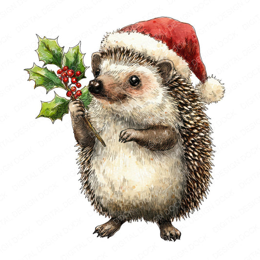 Watercolour Christmas Hedgehog with Holly fussy cut sheet in A4 format showing all 12 designs on one printable page
