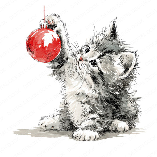 Watercolour Christmas Kitten Bauble fussy cut sheet in A4 format showing all 12 designs on one printable page
