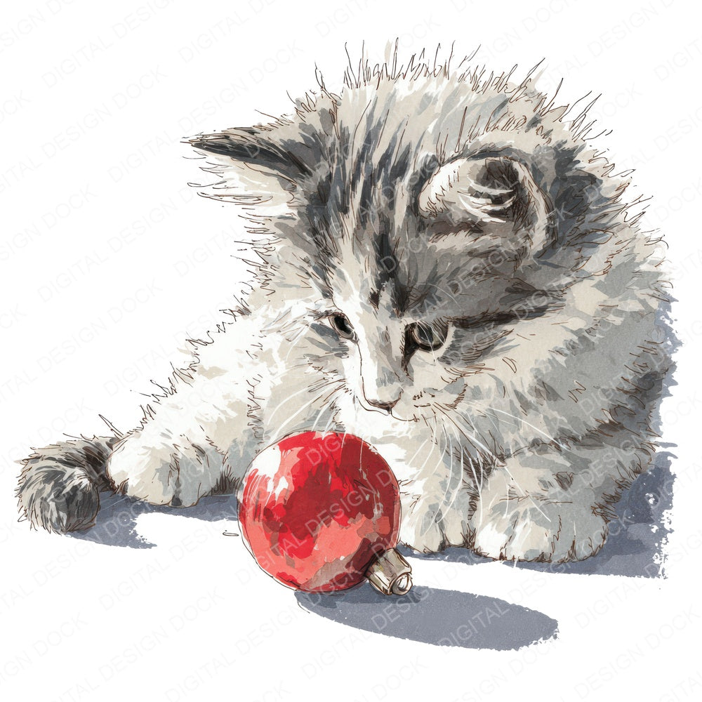 Watercolour Christmas Kitten Bauble fussy cut sheet in US Letter format showing all 12 designs on one printable page