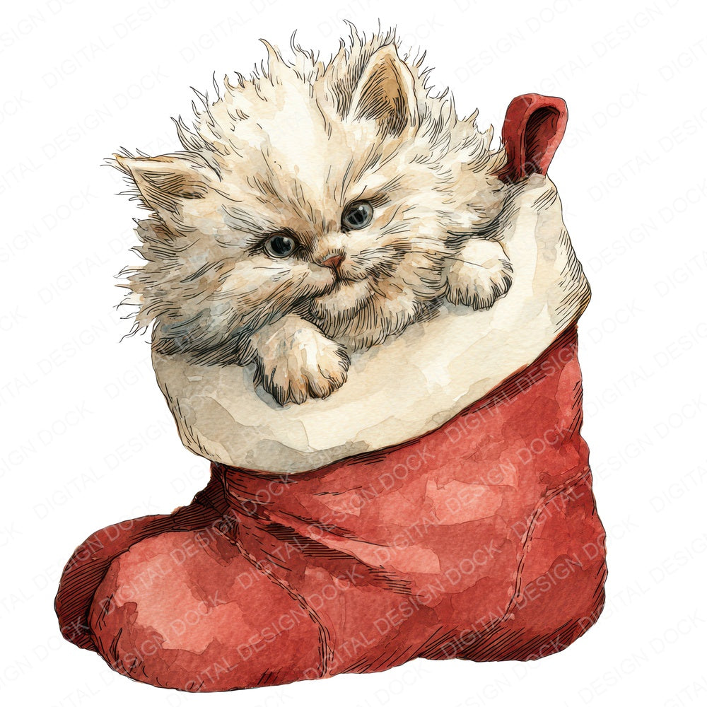 Watercolour Christmas Kitten Stocking fussy cut sheet in A4 format showing all 12 designs on one printable page